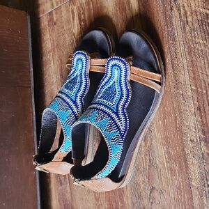 Pikolinos Beaded Sandal Blue and White size 7 zip back leather